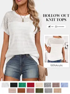 Shewin Women's Hollow Out Knit Sweater, Short Sleeve Crew Neck Pullover, Casual & Minimalist Style, Soft Acrylic Fabric, Summer Wear