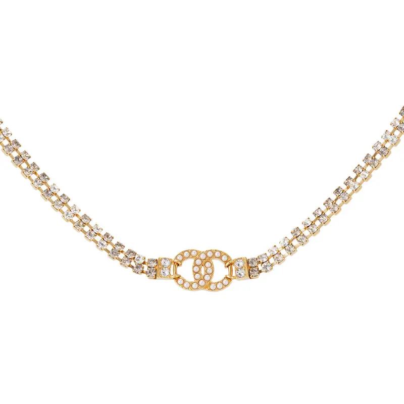 Pre-owned Chanel Gold Tone Crystal Double Row Chain Faux Pearl CC Logo Choker Necklace JLP020508