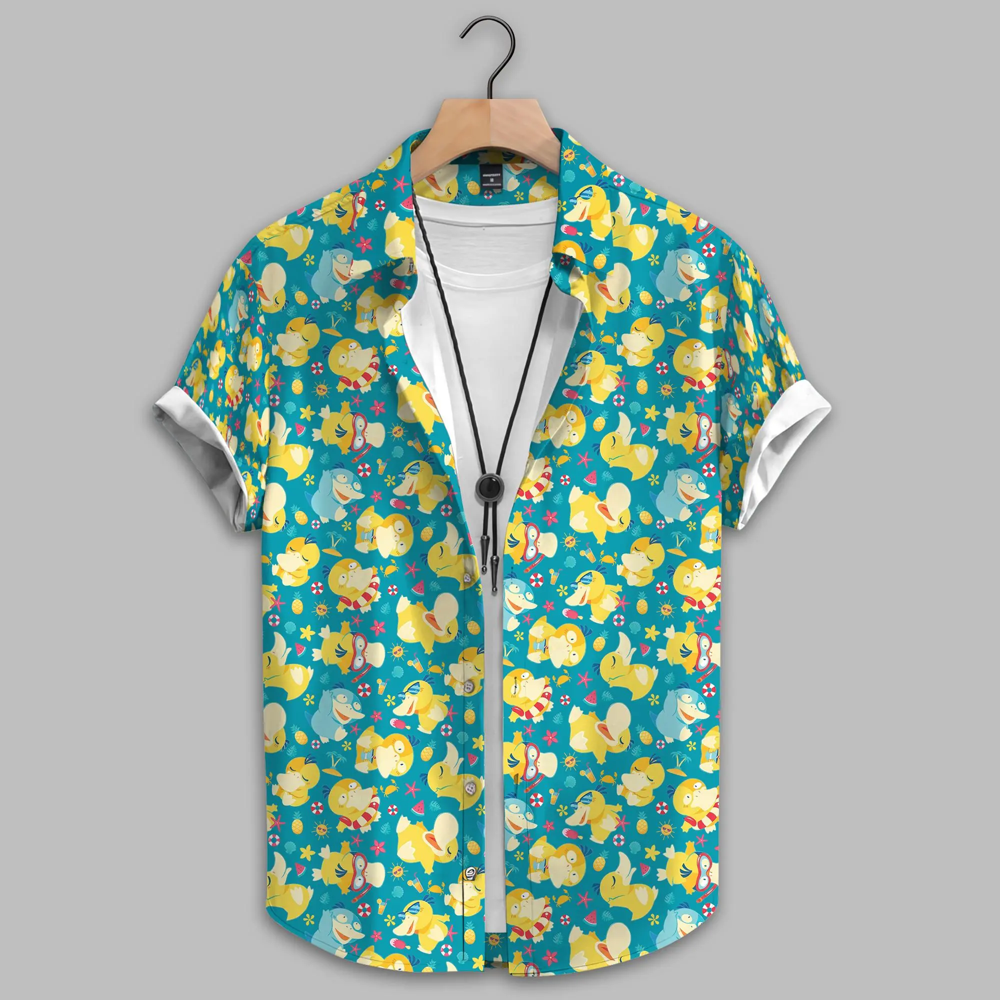 Unisex Psyduck-Inspired Hawaiian Aloha Shirt, Cute Water Pokemon Tropical Button-Up, Men's Beach Vacation Sports & Outdoor Outfit