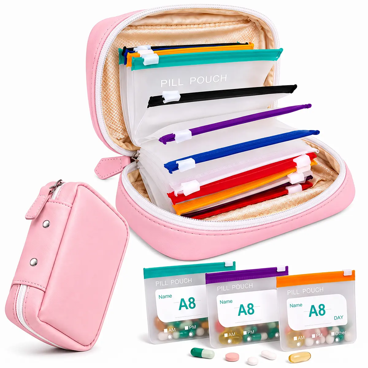 A8 Waterproof Binder Pill Organizer Set - 14 Color-Coded Airtight Reusable Transparent Bags, Travel Size Solution for Daily Medicine, Vitamins, Fish Oils, Supplements & Medical Needs (Portable Pick)