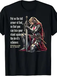 Men's Templar Christian Bible Verse T-Shirt - Medieval Knight Templar Order of the Temple Design with Lord Sayings, Casual Short Sleeve Religious Apparel for Church Events & Casual Attire