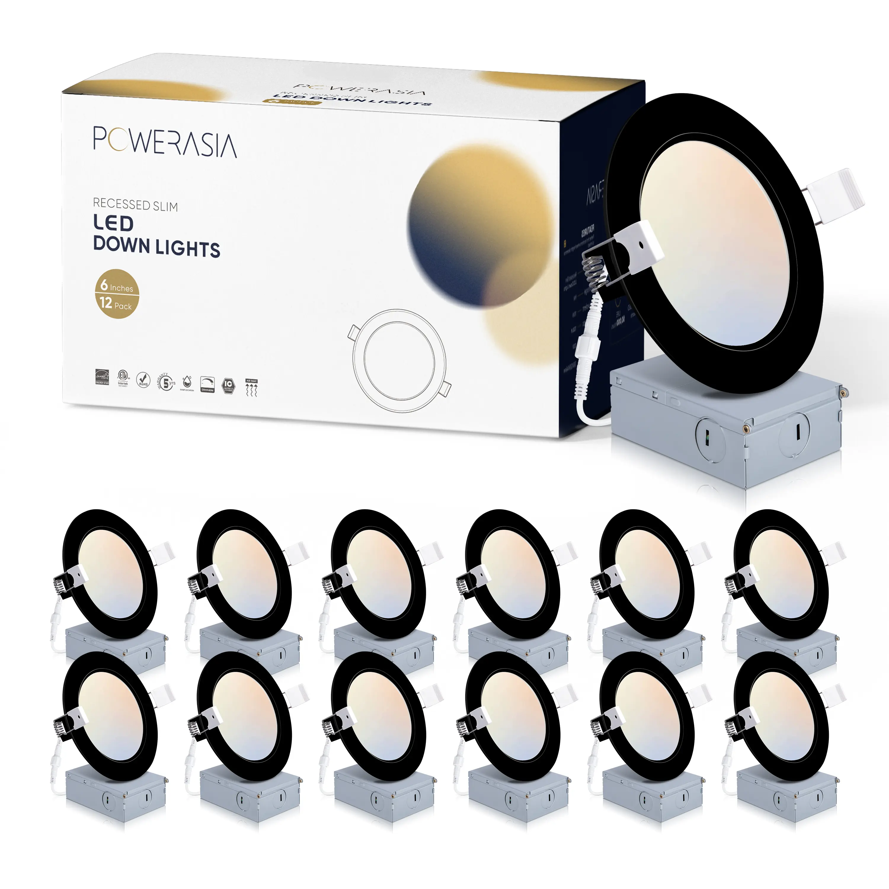 POWERASIA 4/6 Inch 5CCT Black Dimmable LED Recessed Ceiling Lights - Interior LED Lights, Adjustable Indoor Lighting, 5CCT Panel Pin Downlights for Bedroom, Living Room, Adjustable Lights