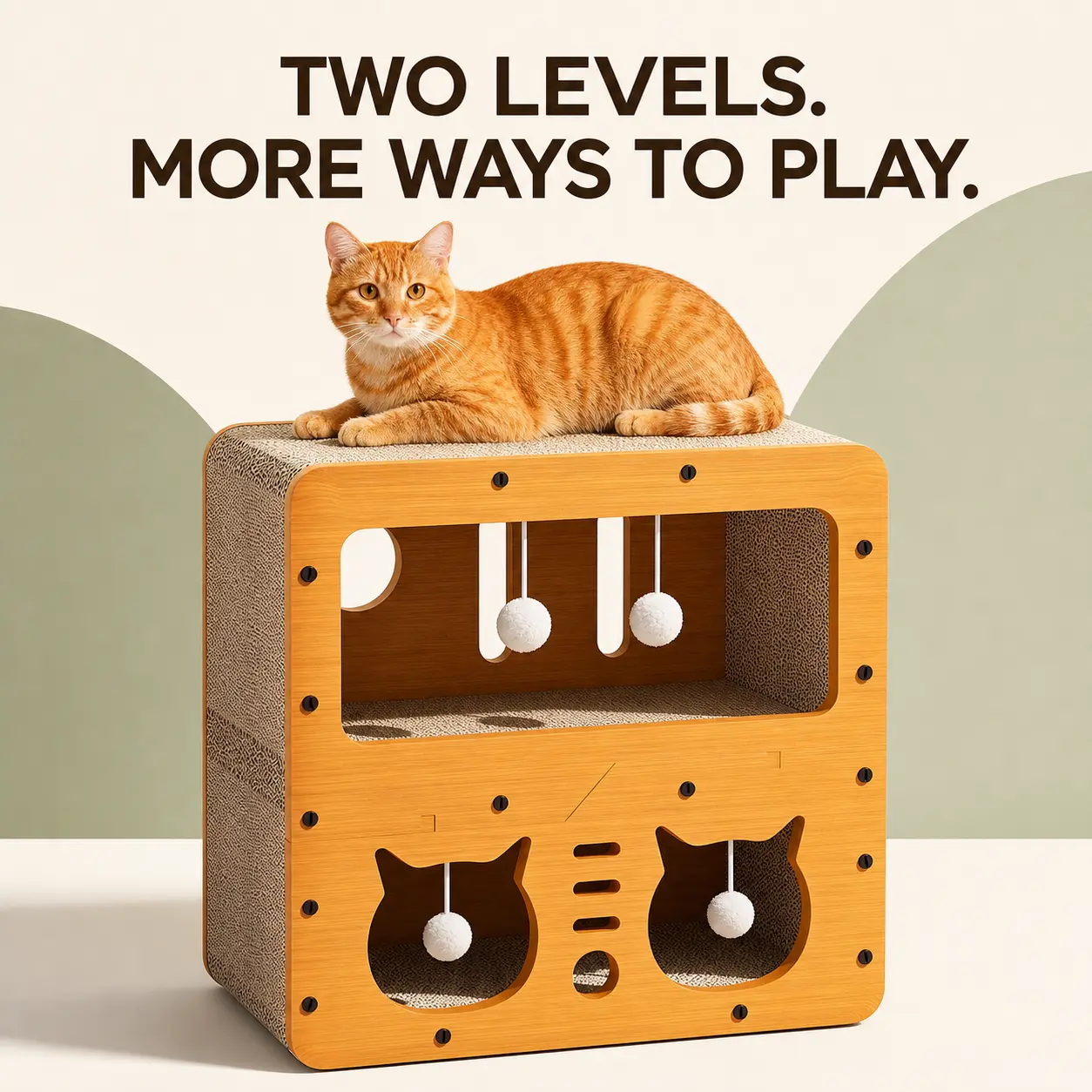 2-Level Cat Scratcher House, Corrugated Cardboard Top & Side Scratch Panels, Dual Cat-Shaped Hideaways, Open Upper Lounge, 4 Hanging Play Balls wooden bed hidden litter box