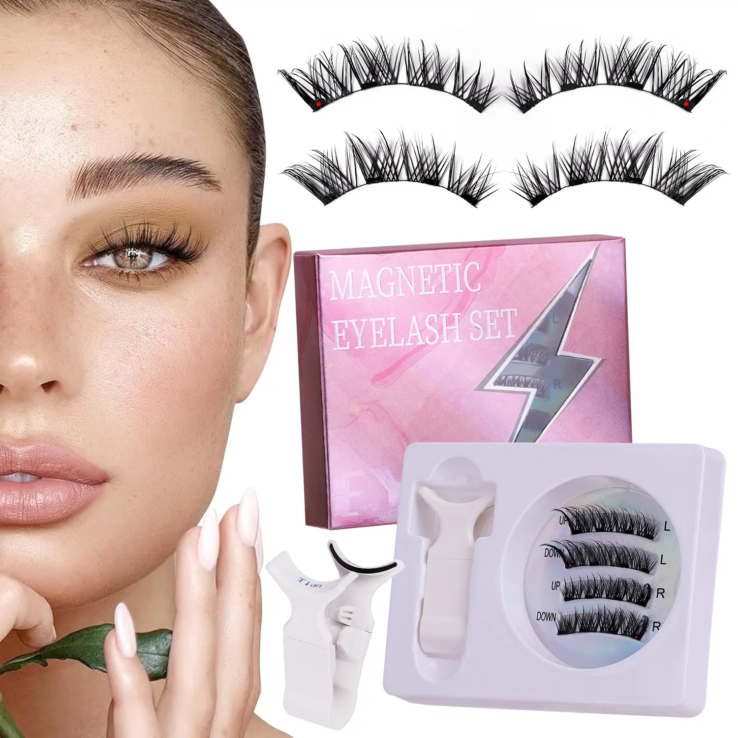 Magnetic Eyelash Kit with Applicator, 2 Pairs of Glue-Free Reusable Lashes with Storage Case, Waterproof Natural Wispy Style for Beginners, Magnetic Eyelash Set, Glue‑Free, No Fumes