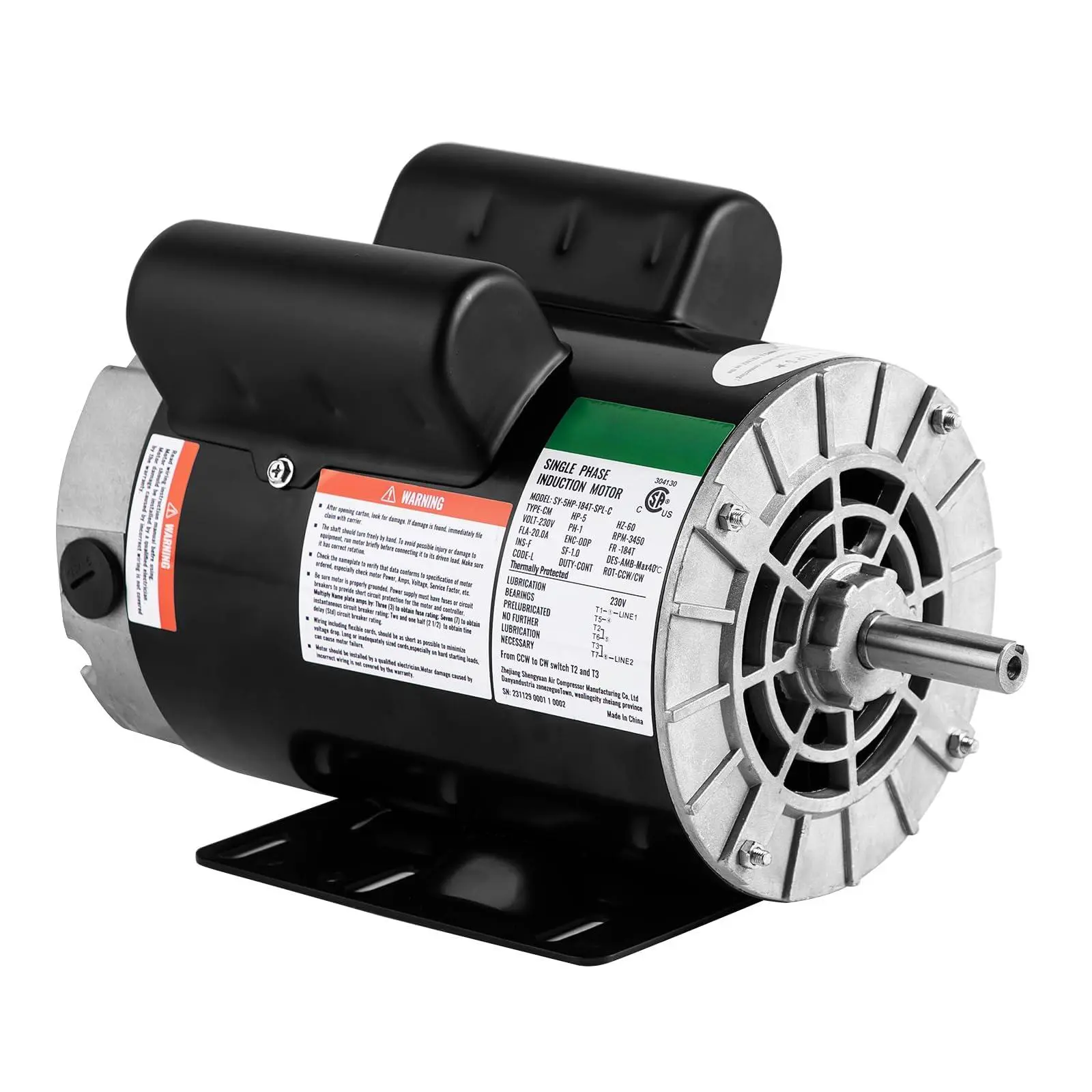 5 HP SPL Air Compressor Motor, 3450RPM 184T Frame Electric Motor, 230V, 1.88" Shaft Length, 7/8" Keyed Shaft, Dual CW/CCW Rotation for Air Compressor General Purpose Equipment