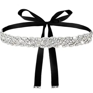 Bridal Wedding Waist Belt Silver Glitter Rhinestone Sash Belt Handmade Ribbon Crystal Belt for Bride Women