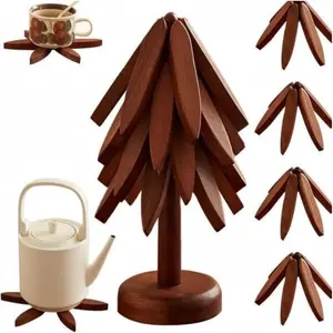 4 Pcs Tree Shaped Wooden Trivets with Stand Heat Resistant Foldable Hot Pot Pads Kitchen Table Coasters Decor