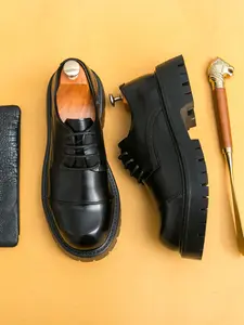Korean Style Men's Leather Shoes, Trendy British Style, Versatile Youth Fashion, Thick Sole Height Increase Derby Shoes, Walking Shoes