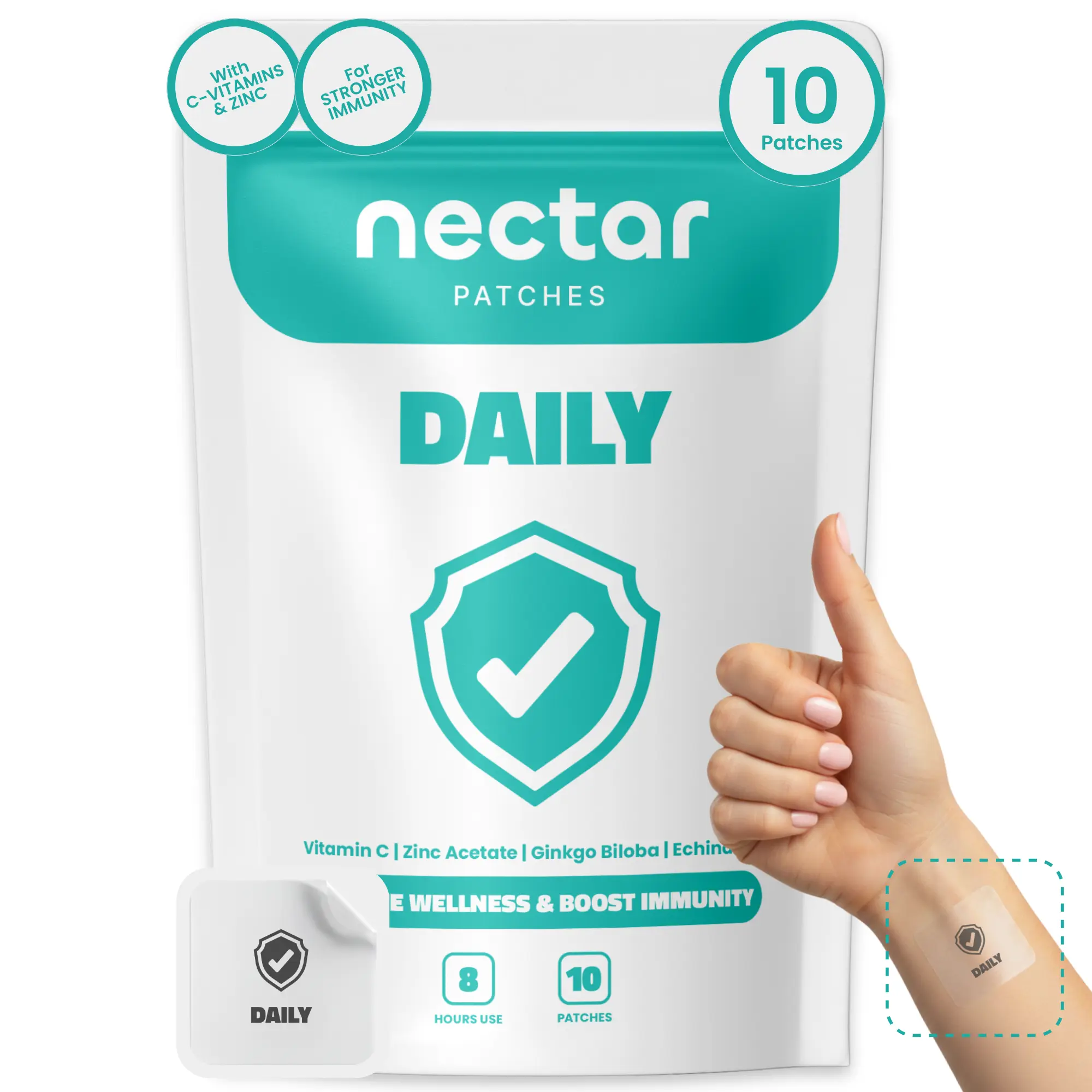 Nectar Daily Wellness Patches - Immune Boosting Vitamin C, Zinc, Ginkgo Biloba & Echinacea Patches. 8 Hours of Wellness Support, Vegan, Gluten Free, Latex Free & Water Resistant.