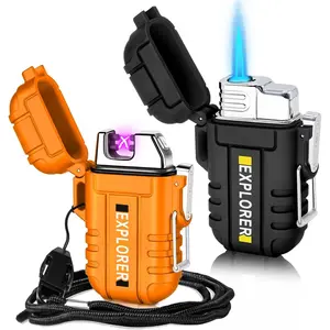 2 Pack Waterproof Lighter Outdoor Windproof Torch Lighters Dual Arc Butane Electric Lighters USB Rechargeable Lighters Flameless Plasma Lighter Camping Hiking Adventure Survival Tactical Gear