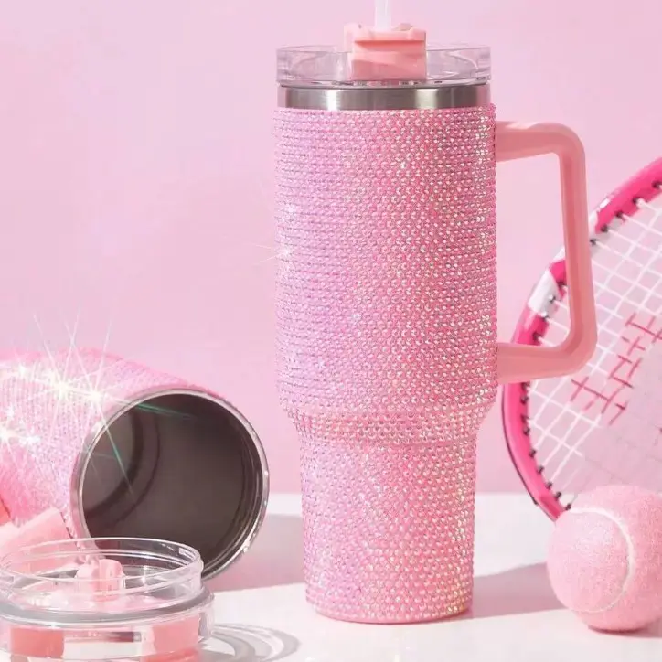 1pc 40oz shiny rhinestone insulated cup with handle straw - reusable vacuum insulated stainless steel ice cup with ice cubes for over 12 hours for daily consumption, insulated coffee cup, water bottle, matcha cup, party cup, outdoor sports water cup