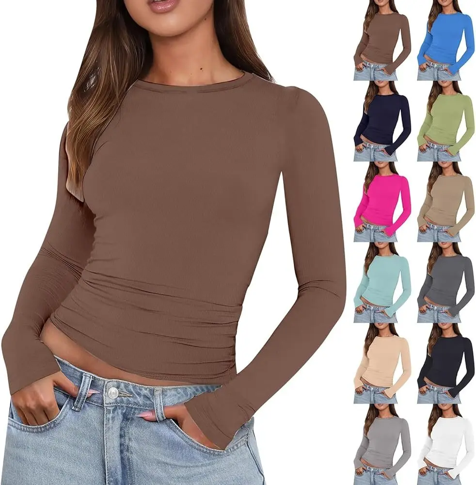 Women's Minimalist Casual Essential Slim Long-Sleeve Cropped Top, High Level HL Basic Form-Fitting Round Neck Snug Waist T-Shirt, Fashion, Women's Clothes