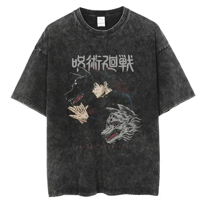 Men's Anime Jujutsu Kaisen Megumi Fushiguro Divine Dogs Shadow Puppet Vintage Graphic Tshirt - Acid Wash Heavy Cotton Round Neck Shortsleeve Menswear Casual Top, Matches Jeans-Jacket Hem Fabric, Vintage Graphic Tees, Vintage T Shirts