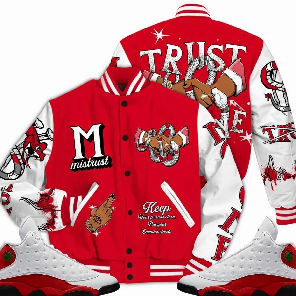 Retro 13 Chicago Varsity Jacket, Chicago 13s Outfits, Trust No One Graphic Tees Streetwear Hip Hop Unisex Sneaker Color Match Shirts