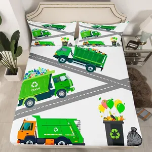 Garbage Truck Bedding Set,Cartoon Car Bed Sheets for Kids Boys,Trash Truck Dark Green Fitted Sheet for Youth Teens Room Decor,Machinery Vehicle Sheets