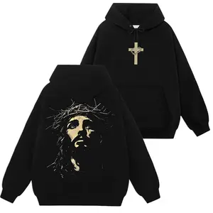 Vintage Cross Graphic Hoodie Jesus Crown Of Thorns Print Casual Long Sleeve Pullover Streetwear Unisex Daily Wear Sweatshirt