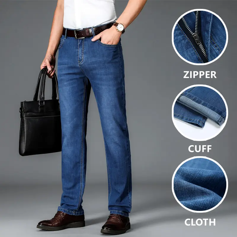 Men’s business casual straight-leg jeans, all-season stretch cotton blend long pants, comfortable breathable versatile jeans, everyday commuting office casual pants, classic denim long pants