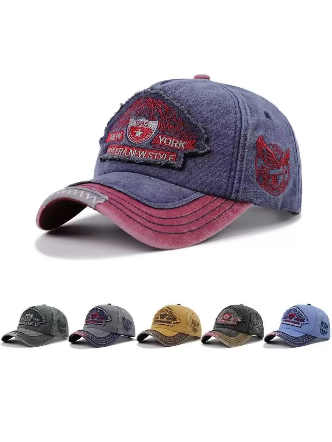 1 washed two tone embroidered "NEW YORK" classic baseball cap, Sports Outdoor Hats, outdoor sun shading duckbill cap, fashionable and versatile cartoon animal eagle hat, suitable for all seasons, unisex, Casual Hat