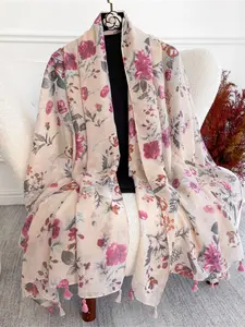Fashion Women's Floral Print Scarf 90x180cm, Stylish Lightweight Cotton Linen Wrap, Soft Comfortable Headscarf for All Seasons hijab