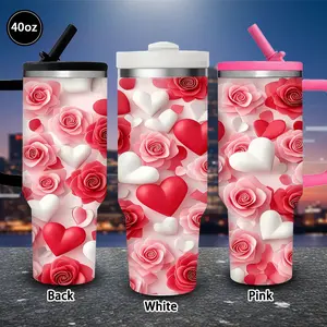 1 pc 40 oz 3D Pink Roses and Hearts Tumbler with lid and straw, winter insulated travel mug, gift for women and men, ideal for Valentine’s Day, Easter, birthday gifts, iced/hot coffee cup