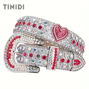 Shiny Luxury Klein Stone Inlaid Heart Shaped Rhinestone Western Buckle Belt, Summer Fashion Holographic Belt, Rhinestone Cowgirl Belt, Glitter Shiny Punk Belt for Party Dance, Daily Clothing Decoration Stylish Fancy cheetah print belt belts men Dazzling