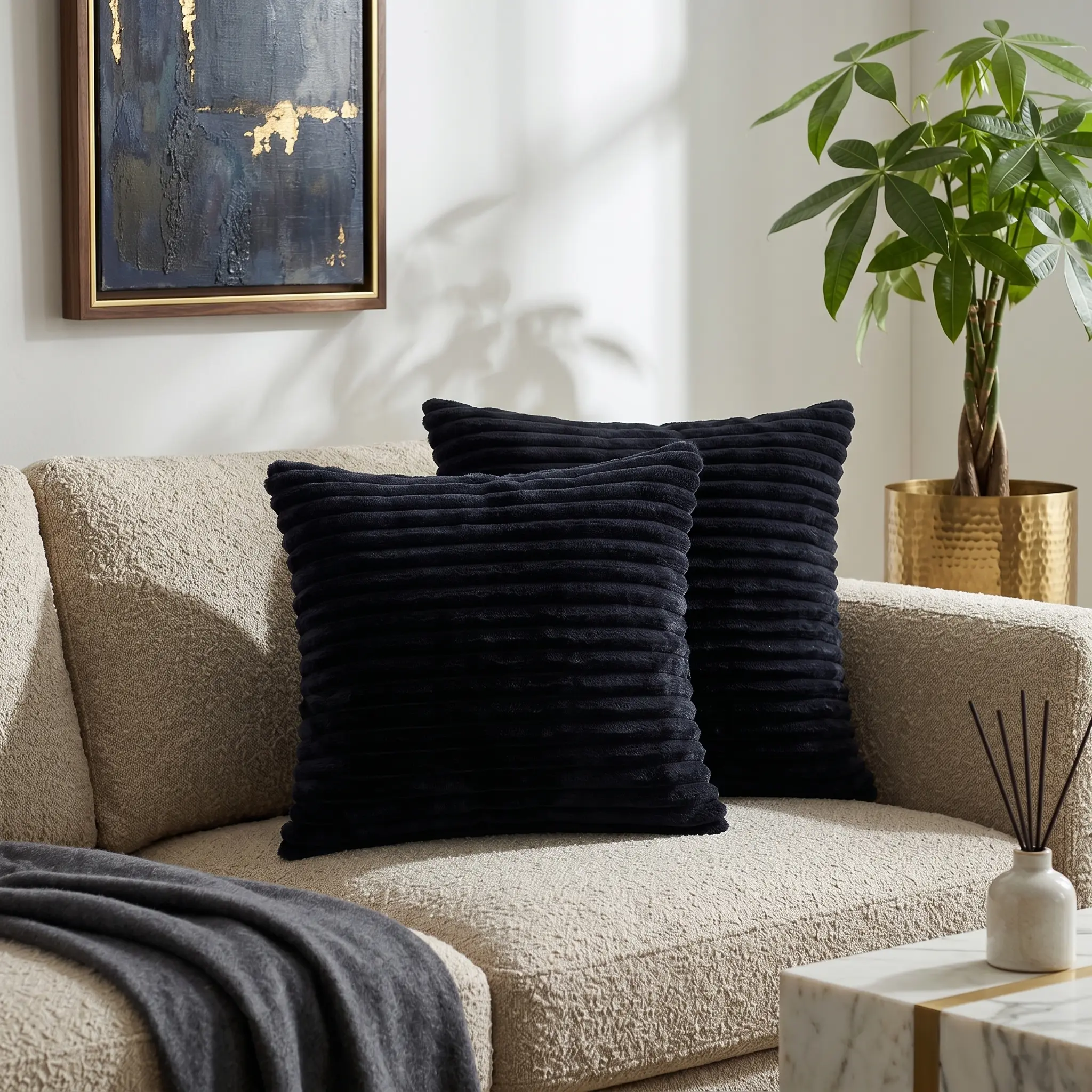 【Summer Wins】Joylsle 18”x18” Inch Black Channel Corduroy Throw Pillow, Soft Plush Striped Decorative Cushion with Insert for Couch Sofa Bed Living Room Bedroom，Striped Cushion，Couch Decor Pillow，Bed Decor Pillow，Soft Plush Pillow，Corduroy Pillow