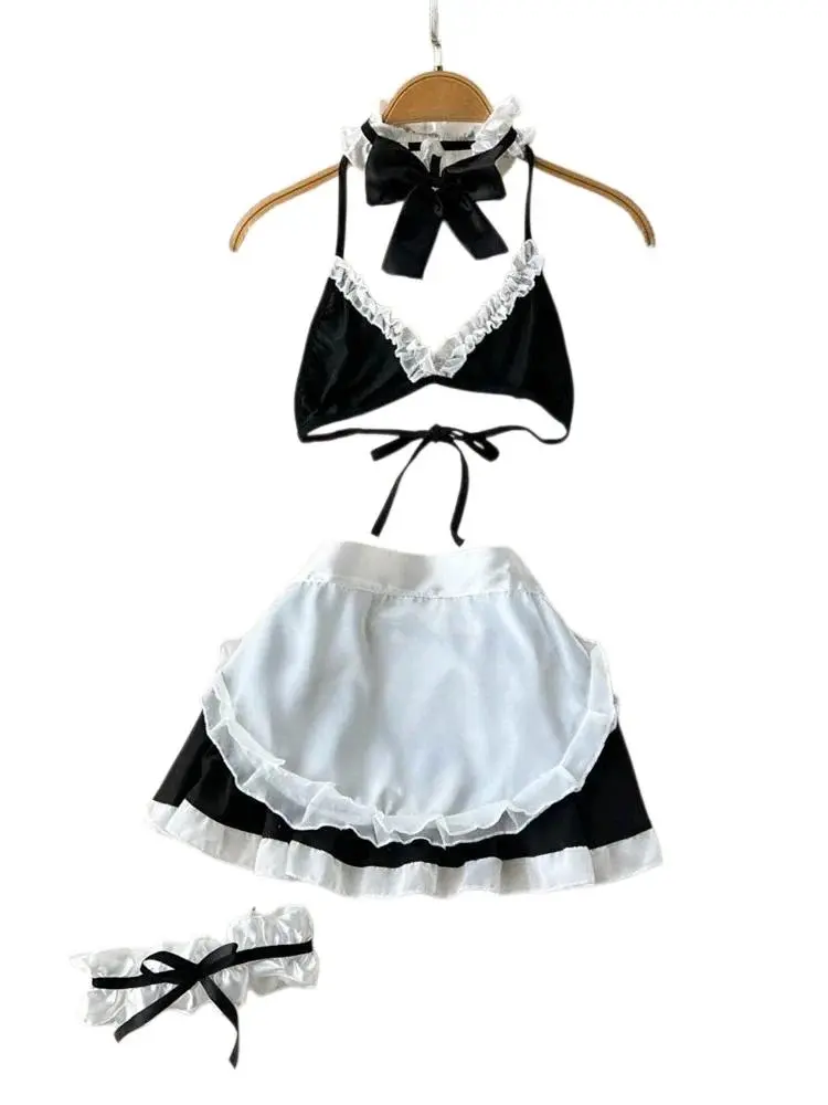 Sexy French Maid Lingerie Set for Women Black Velvet Halter Top with White Lace Apron Skirt Cosplay Costume Adult Party