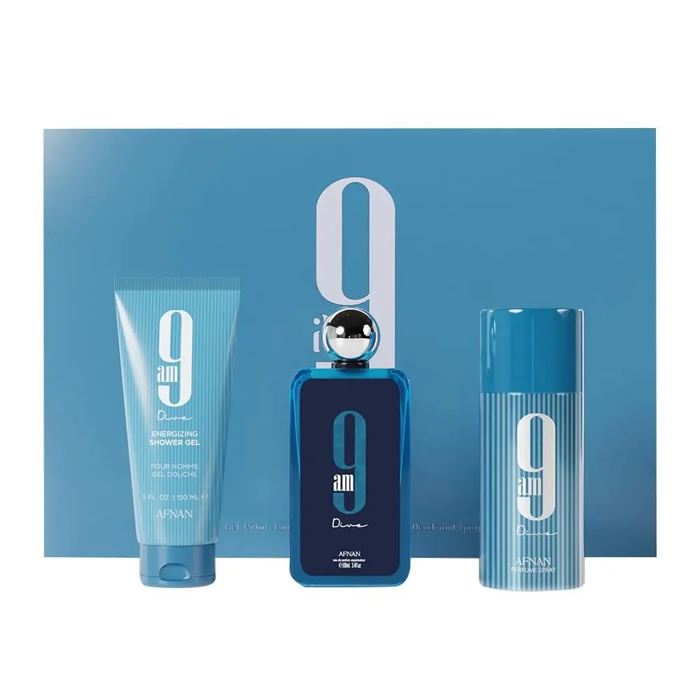 AFNAN 9 AM DIVE Gift Set for Men 3pcs 3.4oz EDP Spray 5oz S/G 5oz DEO Spray Fresh Scent Ideal for Any Occasion