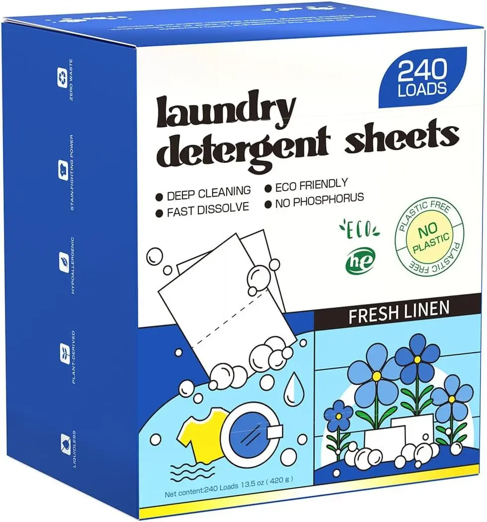 Laundry Detergent Sheets Fresh Linen Scent 240 LoadsEco Friendly Detergent Strips for Travel & Home - No Plastic Jug Soap Strips, -based, . Safe for