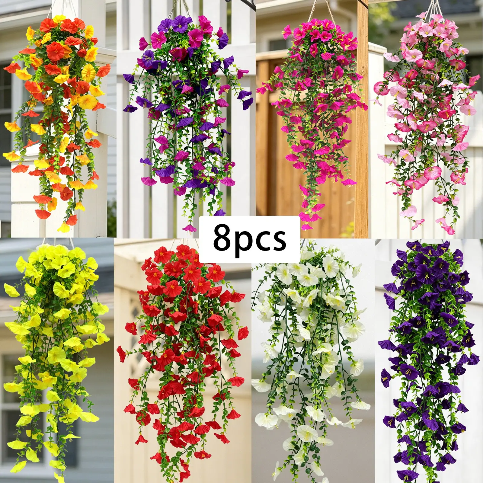 Artificial morning glory plants, Artificial flowers for outside, outdoor flowers in white, pink colors, UV-resistant hanging plants, Artificial flower decorations, suitable for home decoration, outdoor gardens, porches, terraces