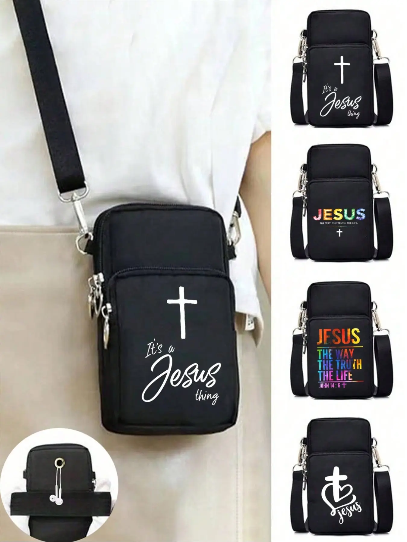 Jesus Cross printed casual Fashionable crossbody bag, mini outdoor sports handbag wallet with headphone jack, phone bag, arm bag, coin purse, shoulder bag, adjustable shoulder strap, multi zipper upright wallet, suitable for outdoor sports