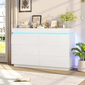 SIKAIC LED Dresser with Charging Station & Sliding Desktop, Bedroom Storage Cabinet with Large Drawers, Modern Clothes Organizer Furniture