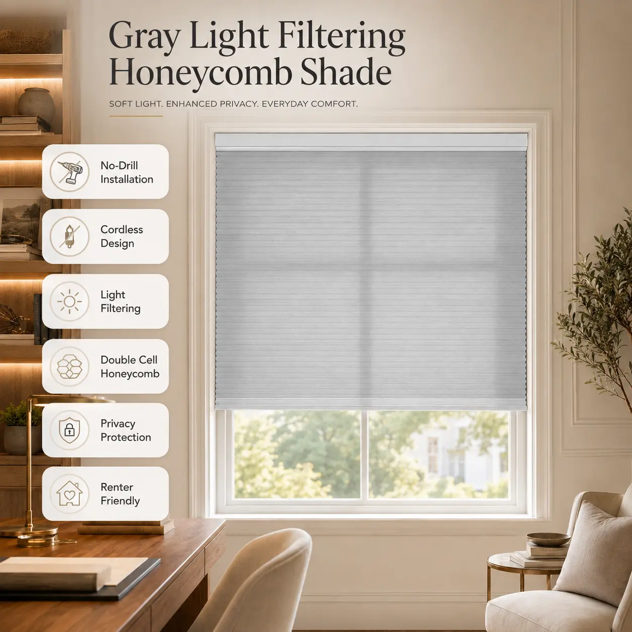 Cordless No Drill Anti-UV Honeycomb Blinds, Bottom-Up Light Filtering Cellular Shades with Thermal Protection, Noise Reduction for Interior Windows, Custom Size (Light Gray), Cordless Blinds, No Drill Blinds