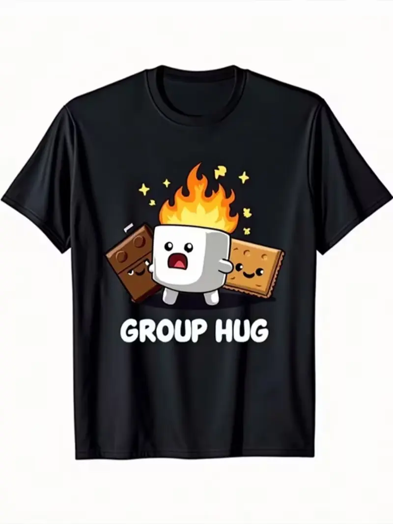A black T-shirt featuring a fun cartoon illustration of a surprised marshmallow set ablaze, surrounded by chocolate and graham crackers; it includes a bold "GROUP HUG" typographic design—perfect for casual outings and fun gatherings