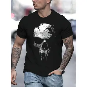 Men's Vintage Gothic 3D Skull Print T-Shirt Black & White Distressed Graphic Tee All-Season Casual Crew Neck Shirt for Gym Outdoor & Casual Attire Machine Washable Regular Fit 100% Cotton Fabric - Menswear, Top