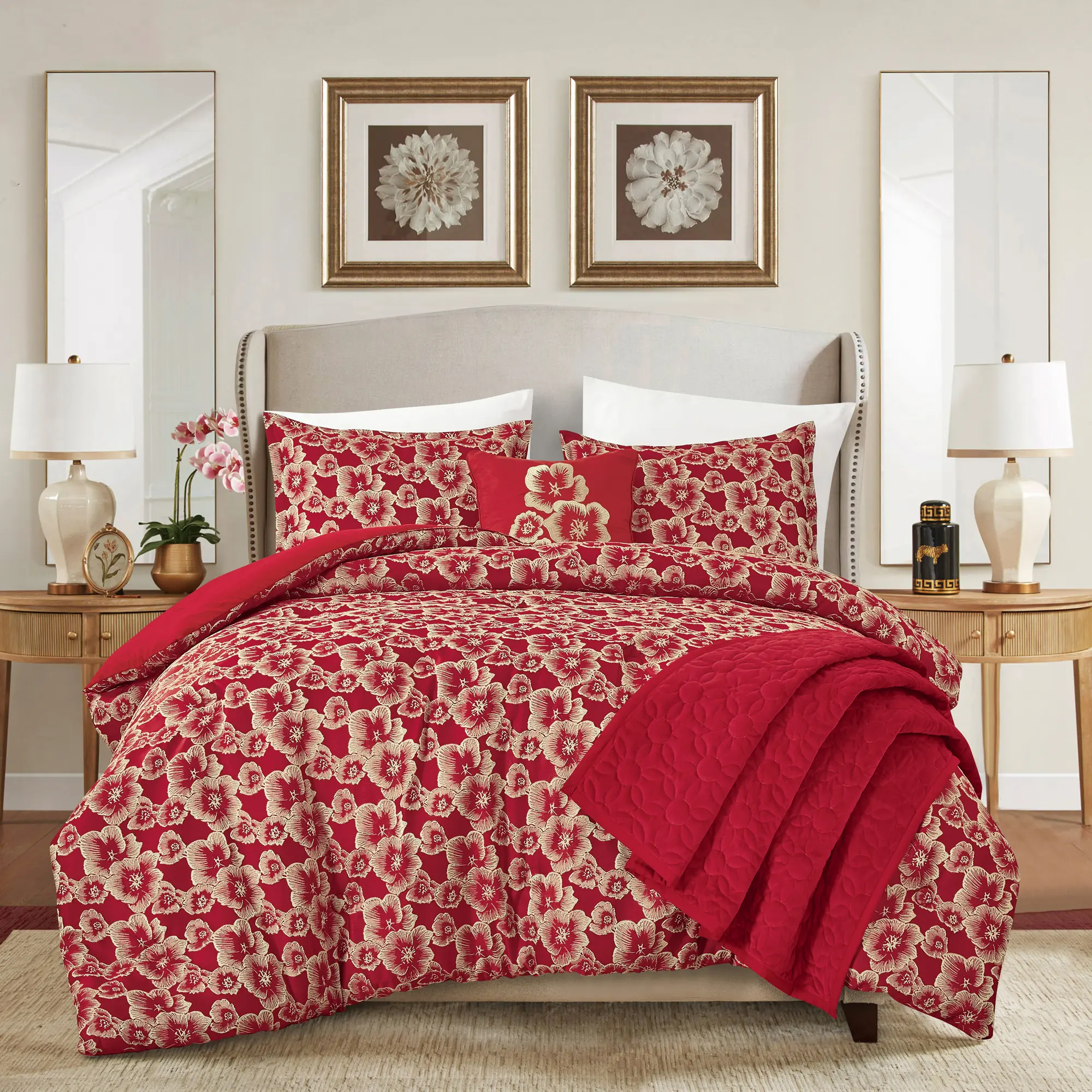 Red Gold Jacquard Comforter Set with Velvet Throw Blanket, Luxury Floral Holiday Bedding – Queen, King, Cal King