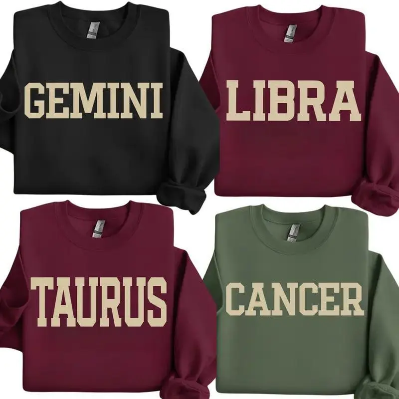Full 12 Zodiac Sweatshirt Collection, Astrology Sign Crewneck for Men and Women, Cozy Horoscope Pullover with Bold College Letter Design, Perfect Gift for Zodiac Lovers - AG