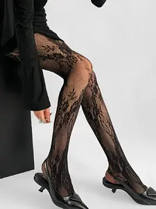 Thin Solid Color Sheer Hollow Out Pantyhose Tights, Sexy Lace Net Stockings, White, Black & Wine Red For Women