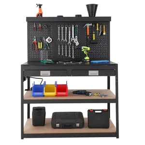 GARVEE 48 Inch Workbench for Garage, Heavy Duty Work Table with Pegboard and ETL-Certified Power Outlets, 1000 LBS Load Capacity Metal Workbench with 2 Drawers - 48” x 24” Tabletop