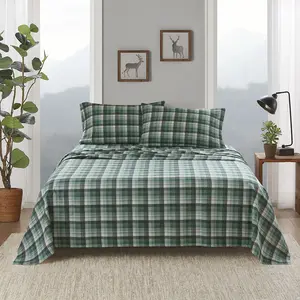360 Stand Soft Bedding Sets, Twin Size Green Plaid Cotton Flannel Sheet Set, WR20-4003, 90x102x0.13 in.