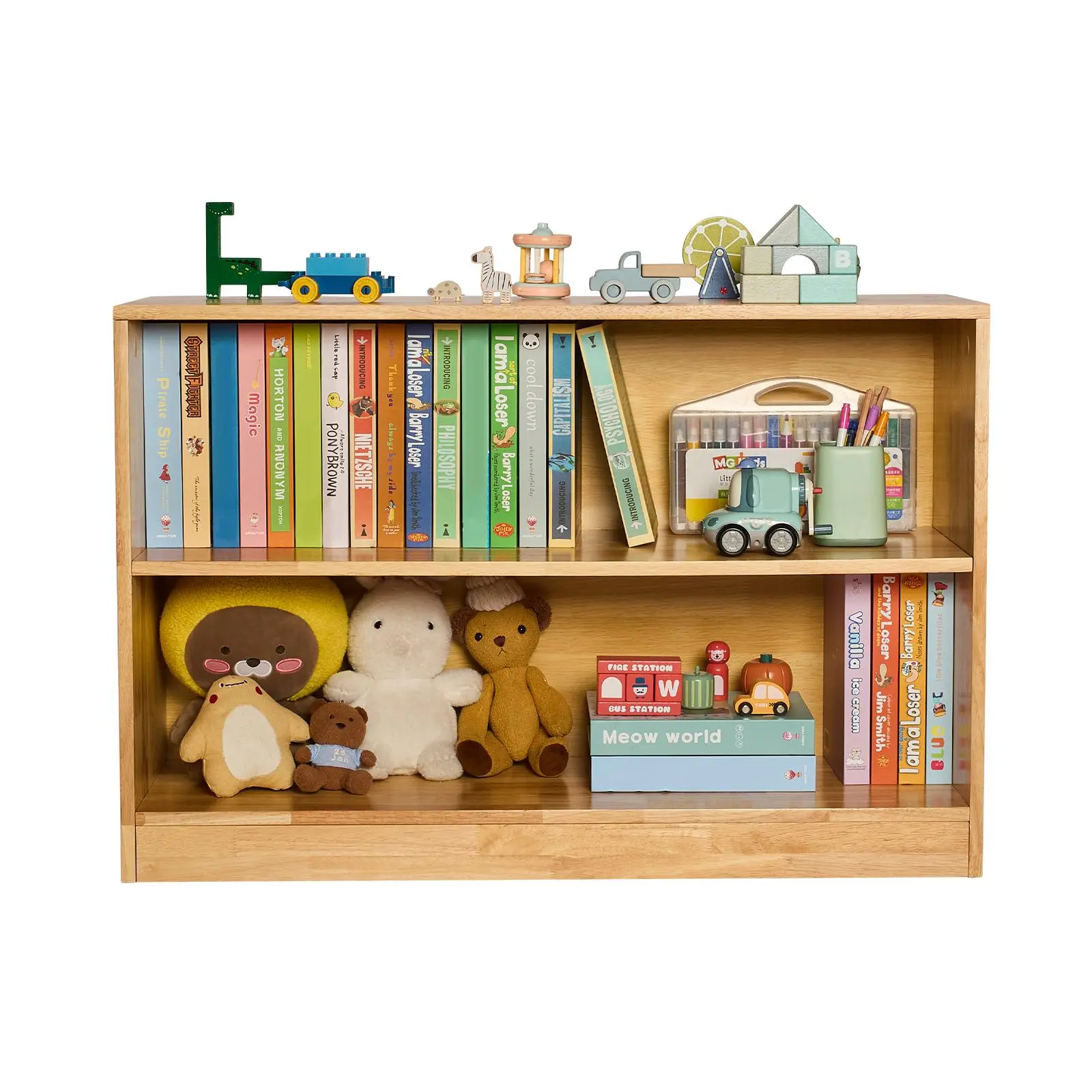 VEVOR Montessori Kid-Friendly Furniture Bookshelf, 35.4 in Wide 2-Tier Indoor Storage Organizer with Stable Top Shelf & 2 Compartments for Books, Family-Friendly Kids Storage Solutions, Nursery Bedroom Display Cabinet#BacktoSchool