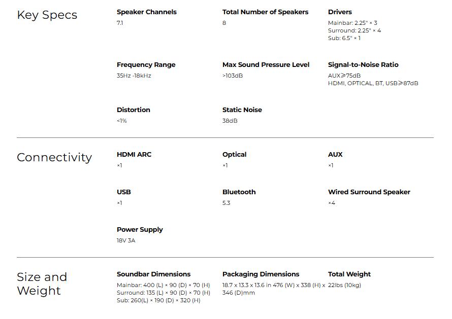ULTIMEA Poseidon D70 7.1ch Soundbar with Wireless 6.5" Subwoofer, Surround Sound System for TV, App Control, 410W Peak Power, Soundbar for TV, Movie, Music, 4 Wired Surround Speakers, Bassx, Home Theater Sound System, Bluetooth, HDMI, AUX, APP Control