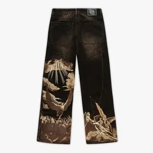 American retro patchwork denim jeans with a sky-etched pattern, stitched and embroidered details; Y2K gothic men’s and women’s hip-hop streetwear; suitable for stores, gyms, and as beachwear; GARMENTARY