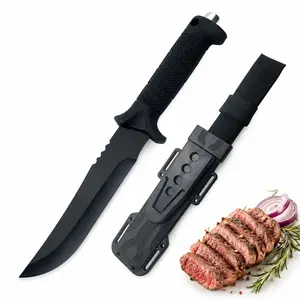 Black Kitchen Knife with Textured Handle, Protective Sheath and Coated Blade for Meat, Fish, Vegetables, BBQ and Home Food Prep