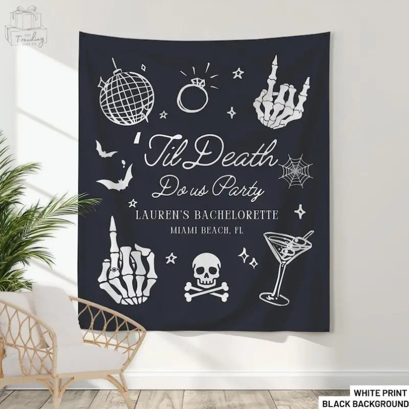 Personalized Gothic Theme Linen Print Wall Tapestry - Wrinkle Resistant Multi-Size Gothic Skeleton Bride Decor, Wedding Photo Cloth, Bachelorette Party Anniversary Supplies, Skeleton Print, With Hooks