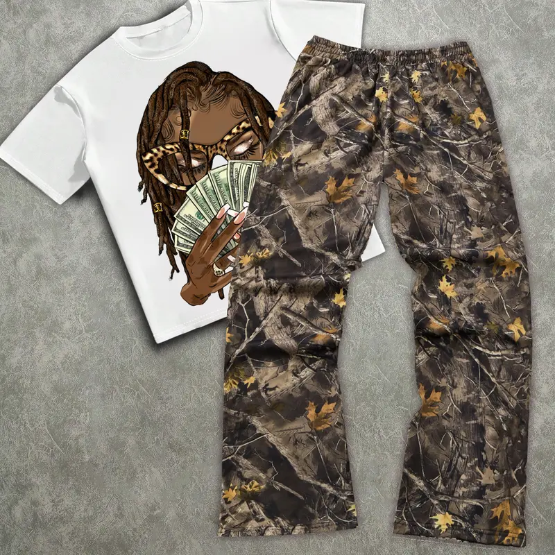 Men's Short Sleeve Round Neck Tee & Sweatpants Set, Clothes, Menswear, Matching, Letter Print Design, Casual Street Style Streetwear, Fall Winter Fashion, Fitted Comfortable