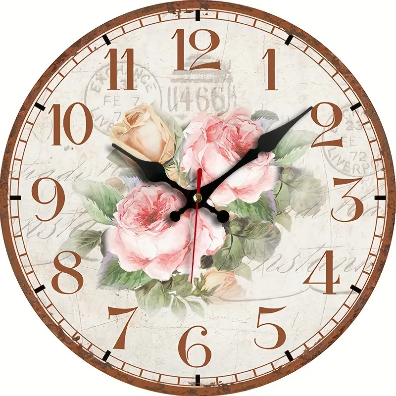 Vintage Floral Wall Clock - Silent Non-Ticking Round Wood Clock with Rose, Battery- (No Batteries Included) Suitable for Home Decor, Living Room, Bedroom, Kitchen - Elegant Style for & Pets