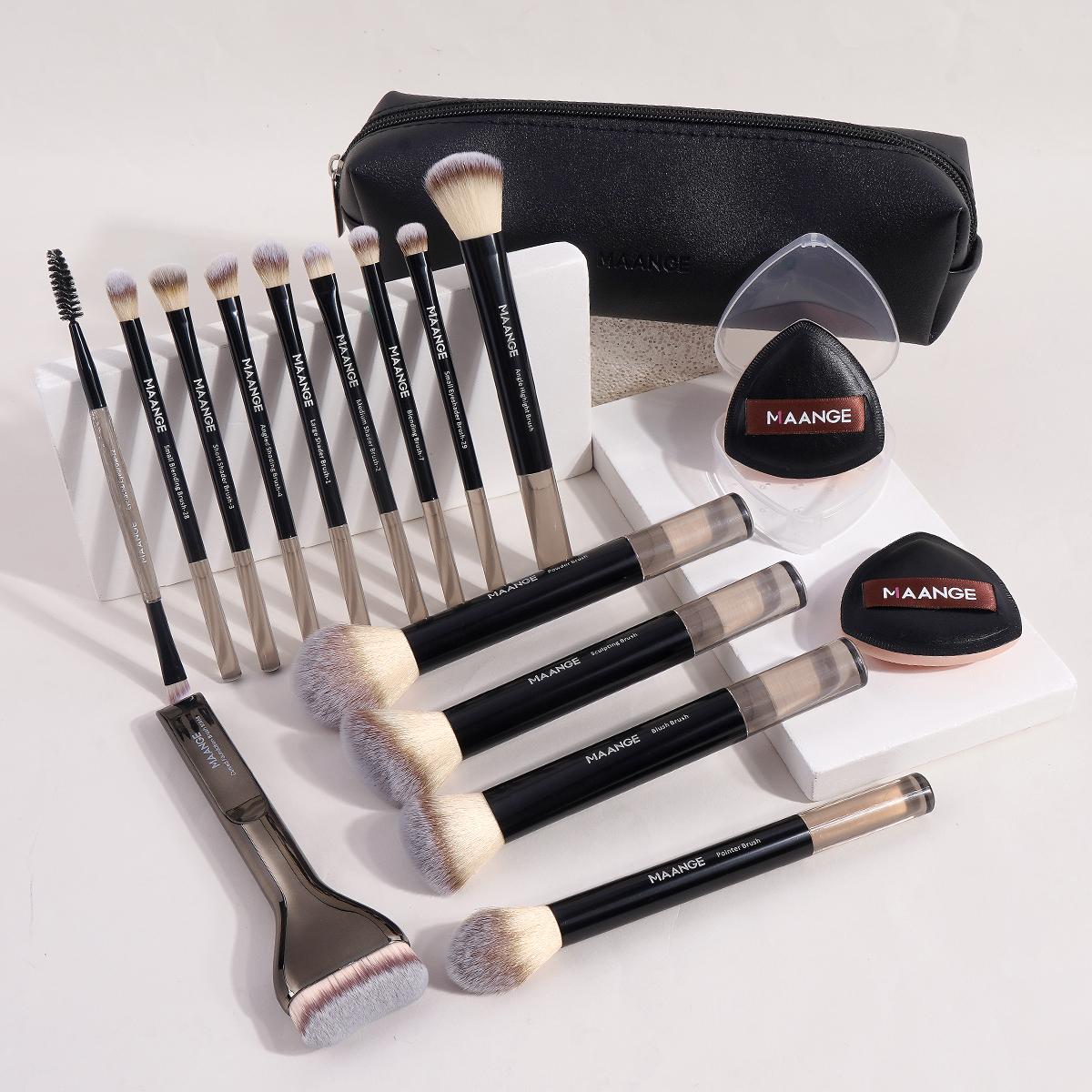 MAANGE Makeup Brush Set– 14 Brushes + 2 Puffs + Storage Bag– Professional, Multifunctional & Beginner-Friendly for Powder, Liquid & Cream