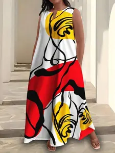 [Plus Size] All Over Print Tank Dress, Casual Sleeveless Maxi Dress for Summer, Women's Plus Clothing for Daily Wear, Casual Dresses, Bohemian Print Dresses, Boho Casual Comfy, Casual Boho Soft, Casual Loose Sundress