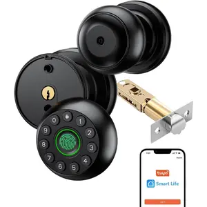 Keypad Door Knob Fingerprint Door Lock Keyless Entry Ball Door Lock for Bedroom Office Apartment with Real Buttons Support Tuya App
